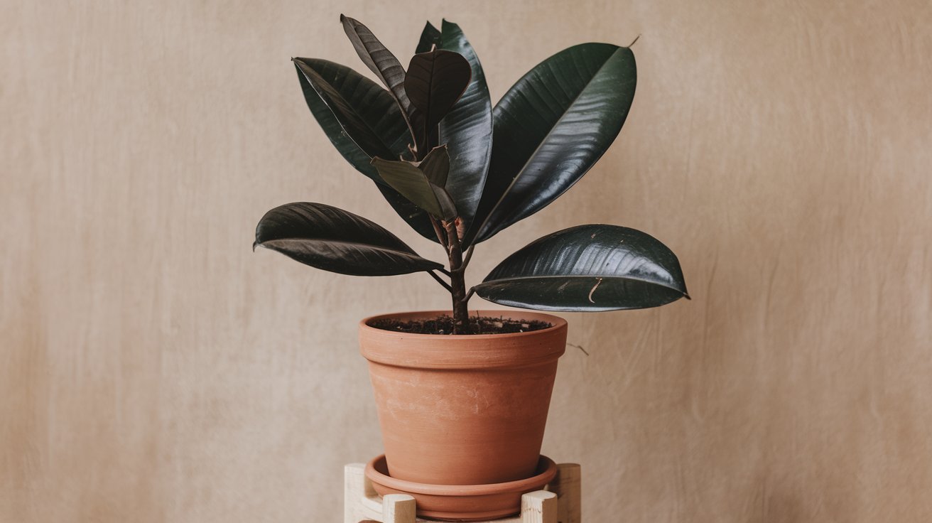 Young rubber plant with dark green glossy leaves in a terracotta pot on wooden plant stand against beige background